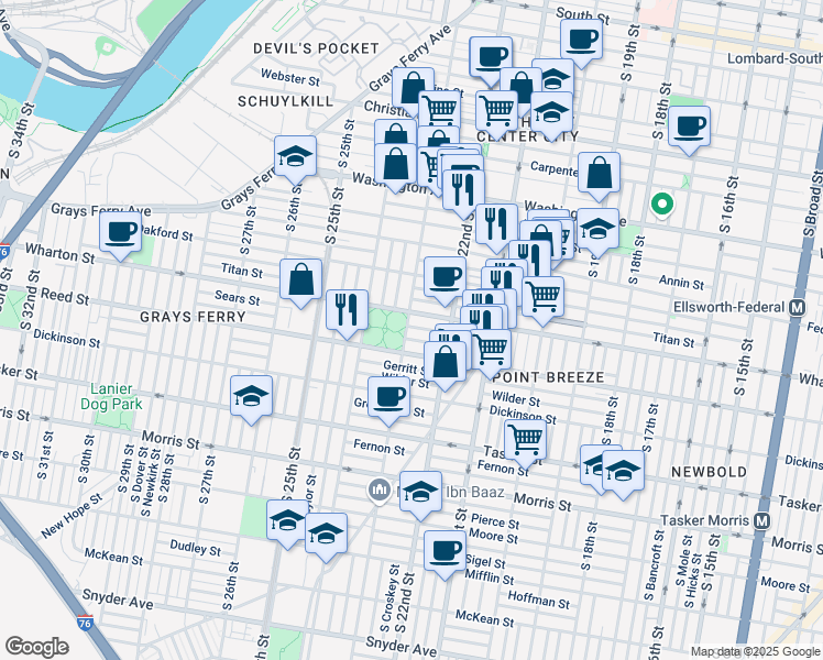 map of restaurants, bars, coffee shops, grocery stores, and more near 1315 South 23rd Street in Philadelphia