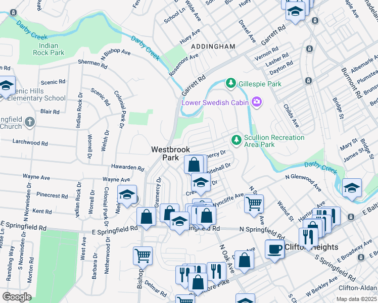 map of restaurants, bars, coffee shops, grocery stores, and more near 5217 Palmer Mill Road in Clifton Heights