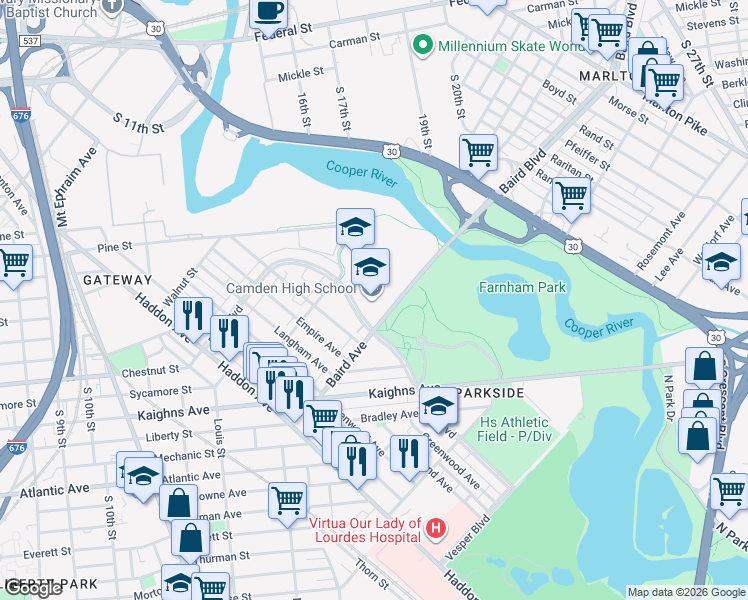 map of restaurants, bars, coffee shops, grocery stores, and more near 1700 Park Boulevard in Camden