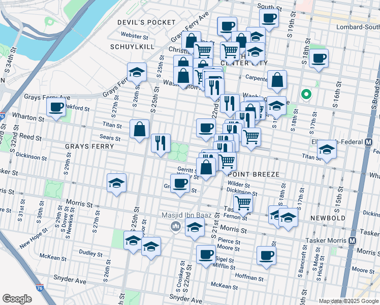 map of restaurants, bars, coffee shops, grocery stores, and more near 1315 South 23rd Street in Philadelphia