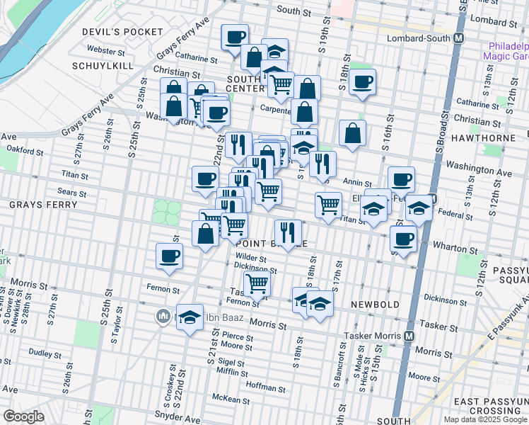 map of restaurants, bars, coffee shops, grocery stores, and more near 1256 South 20th Street in Philadelphia