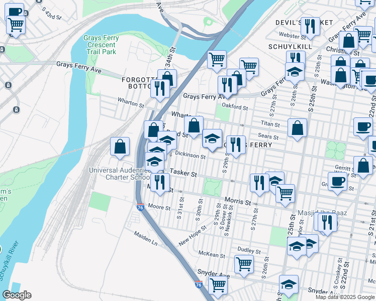 map of restaurants, bars, coffee shops, grocery stores, and more near 1440 South 31st Street in Philadelphia