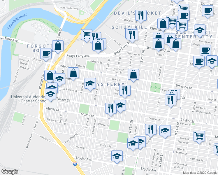 map of restaurants, bars, coffee shops, grocery stores, and more near 1409 South Marston Street in Philadelphia