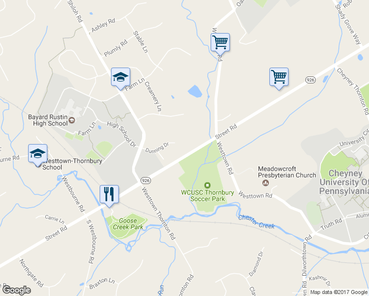 map of restaurants, bars, coffee shops, grocery stores, and more near 1004 Dunning Drive in West Chester