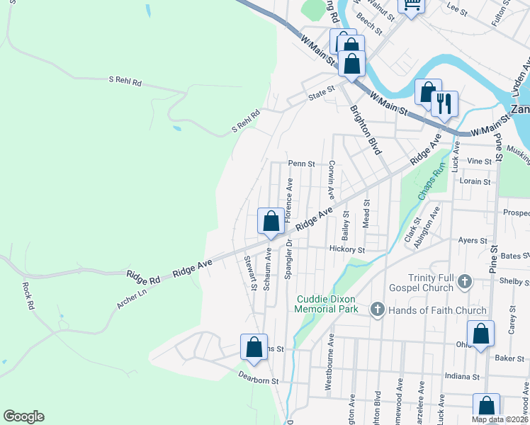map of restaurants, bars, coffee shops, grocery stores, and more near 314 Schaum Avenue in Zanesville