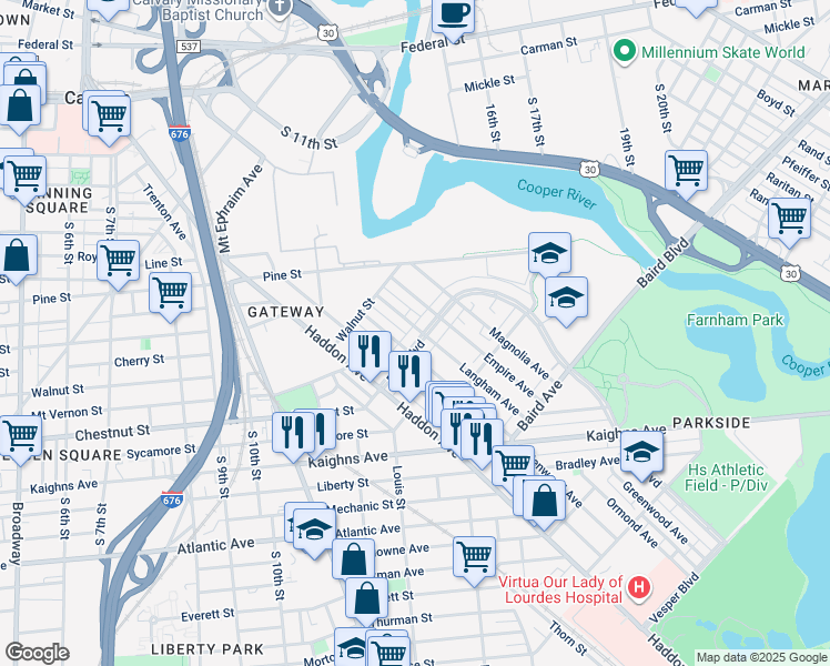 map of restaurants, bars, coffee shops, grocery stores, and more near 1419 Park Boulevard in Camden