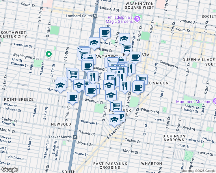 map of restaurants, bars, coffee shops, grocery stores, and more near 1152 South 12th Street in Philadelphia