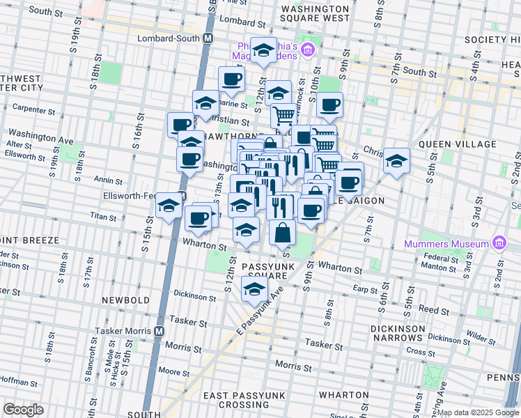 map of restaurants, bars, coffee shops, grocery stores, and more near 1107 Annin Street in Philadelphia