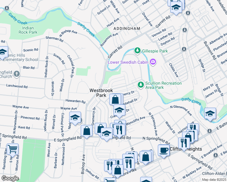 map of restaurants, bars, coffee shops, grocery stores, and more near 5211 Palmer Mill Road in Clifton Heights