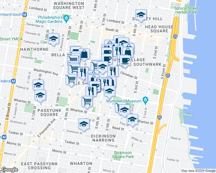 map of restaurants, bars, coffee shops, grocery stores, and more near 1026 South Randolph Street in Philadelphia