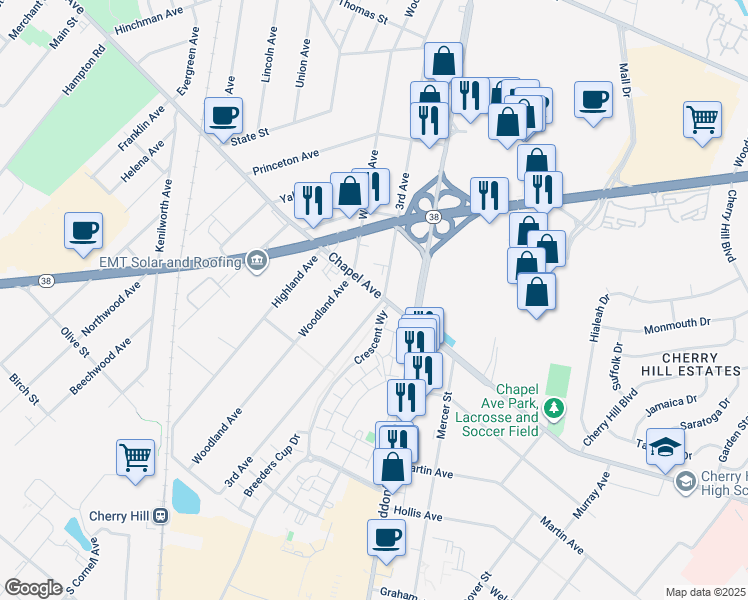 map of restaurants, bars, coffee shops, grocery stores, and more near 1605 Chapel Avenue in Cherry Hill