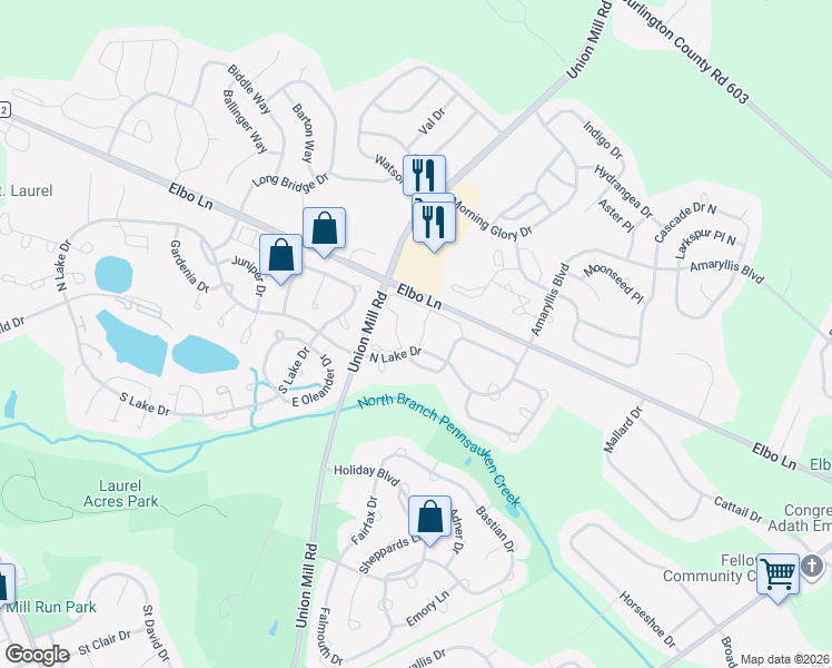 map of restaurants, bars, coffee shops, grocery stores, and more near 71 Center Lane in Mount Laurel Township