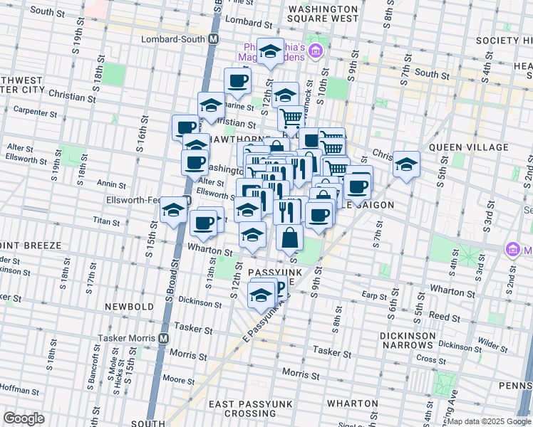 map of restaurants, bars, coffee shops, grocery stores, and more near 1109 Annin Street in Philadelphia