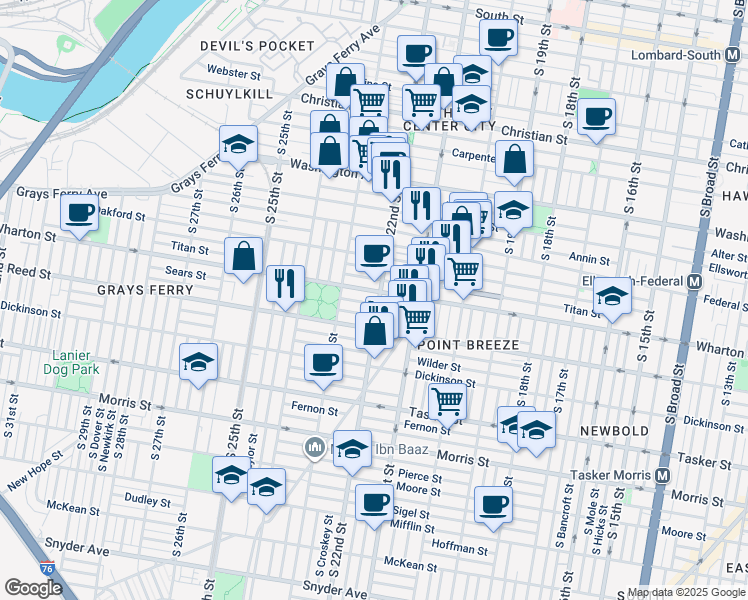 map of restaurants, bars, coffee shops, grocery stores, and more near 1310 South 22nd Street in Philadelphia