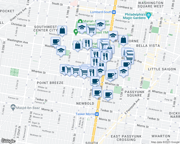 map of restaurants, bars, coffee shops, grocery stores, and more near 1516 Manton Street in Philadelphia