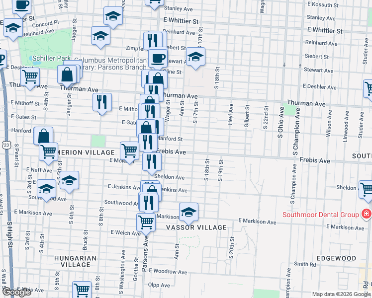 map of restaurants, bars, coffee shops, grocery stores, and more near 575 Hanford Street in Columbus