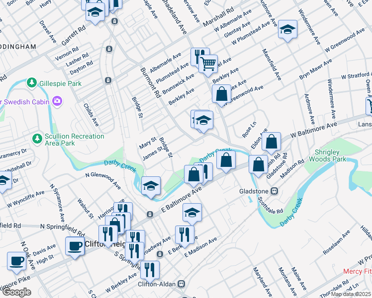 map of restaurants, bars, coffee shops, grocery stores, and more near 3846 Dennison Avenue in Drexel Hill