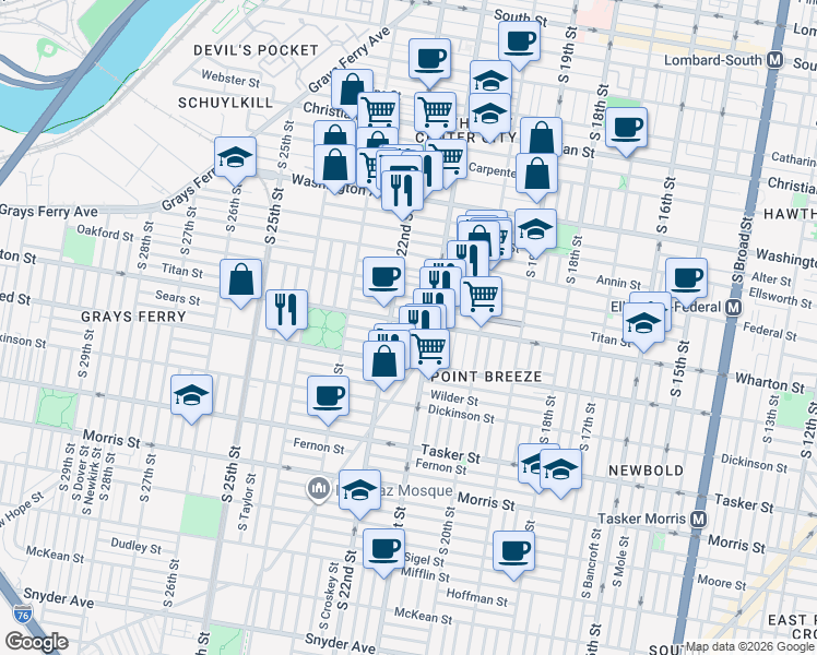map of restaurants, bars, coffee shops, grocery stores, and more near 2136 Titan Street in Philadelphia
