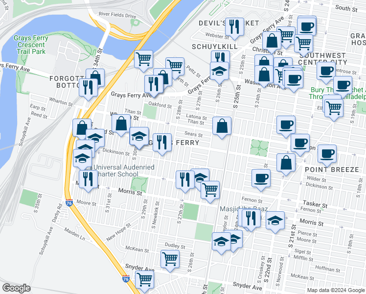 map of restaurants, bars, coffee shops, grocery stores, and more near 1404 South Etting Street in Philadelphia