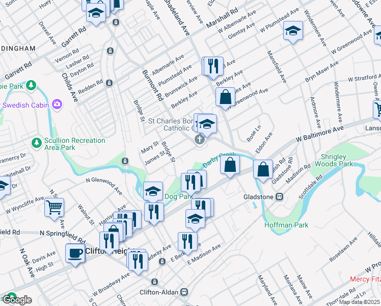 map of restaurants, bars, coffee shops, grocery stores, and more near 3846 Dennison Avenue in Drexel Hill