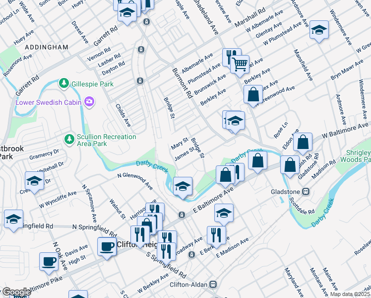 map of restaurants, bars, coffee shops, grocery stores, and more near 3919 James Street in Upper Darby