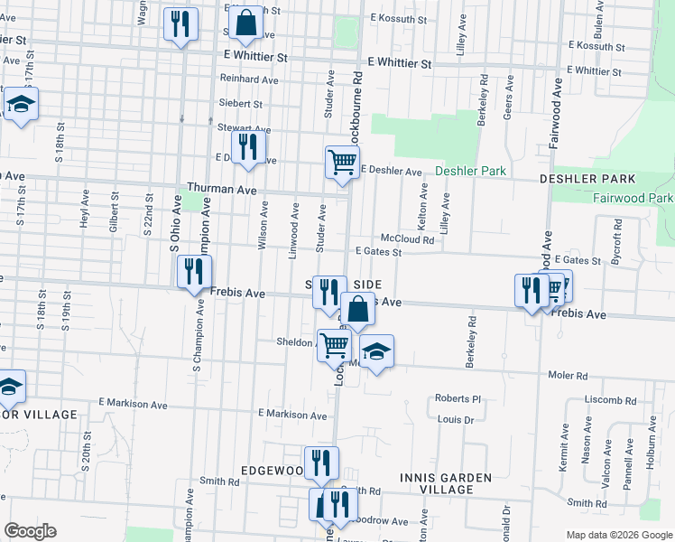 map of restaurants, bars, coffee shops, grocery stores, and more near 1440 Studer Avenue in Columbus