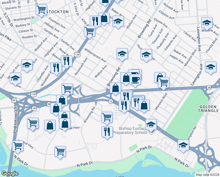 map of restaurants, bars, coffee shops, grocery stores, and more near 6600 Browning Road in Pennsauken Township