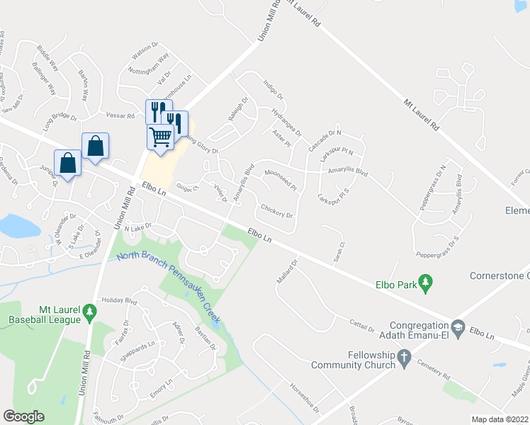 map of restaurants, bars, coffee shops, grocery stores, and more near 716 Chickory Drive in Mount Laurel