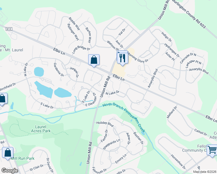 map of restaurants, bars, coffee shops, grocery stores, and more near 908 Union Mill Road in Mount Laurel Township