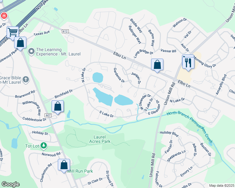 map of restaurants, bars, coffee shops, grocery stores, and more near 156B Birchfield Court in Mount Laurel Township