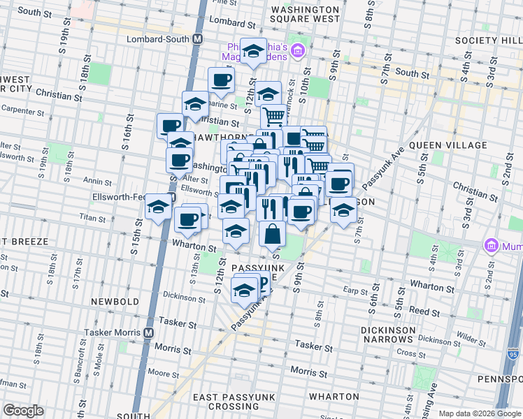 map of restaurants, bars, coffee shops, grocery stores, and more near 1146 South 11th Street in Philadelphia