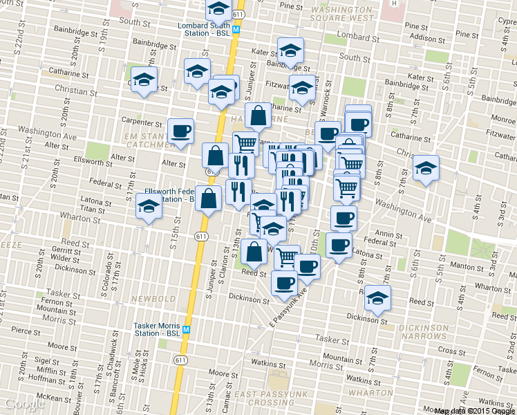 map of restaurants, bars, coffee shops, grocery stores, and more near 1202 Ellsworth Street in Philadelphia