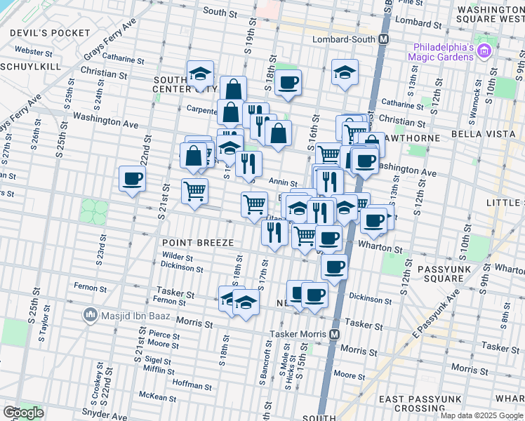 map of restaurants, bars, coffee shops, grocery stores, and more near 1712 Latona Street in Philadelphia