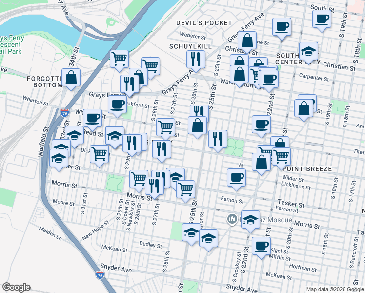 map of restaurants, bars, coffee shops, grocery stores, and more near 1324 South 26th Street in Philadelphia