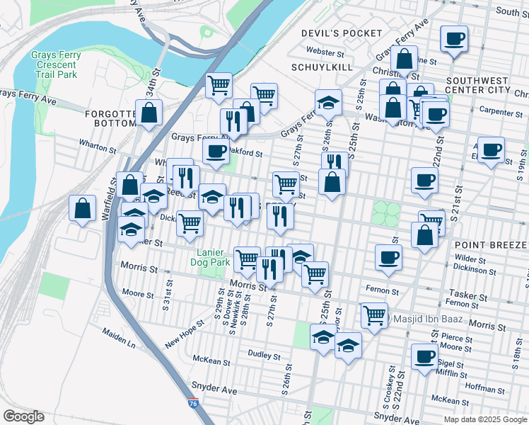 map of restaurants, bars, coffee shops, grocery stores, and more near 1409 South 28th Street in Philadelphia