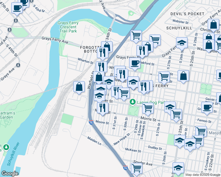 map of restaurants, bars, coffee shops, grocery stores, and more near 1425 South Patton Street in Philadelphia