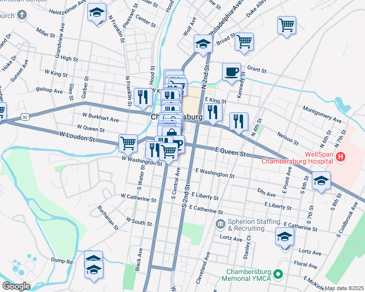 map of restaurants, bars, coffee shops, grocery stores, and more near 123 East Queen Street in Chambersburg