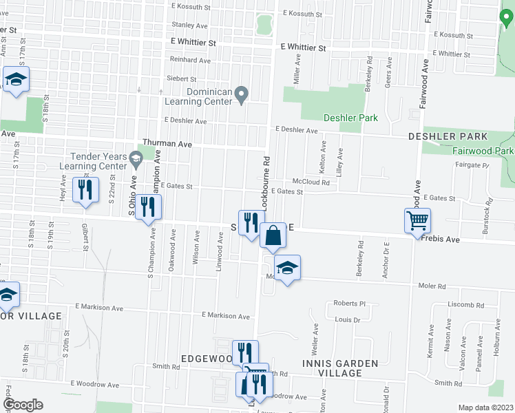 map of restaurants, bars, coffee shops, grocery stores, and more near 1440 Studer Avenue in Columbus