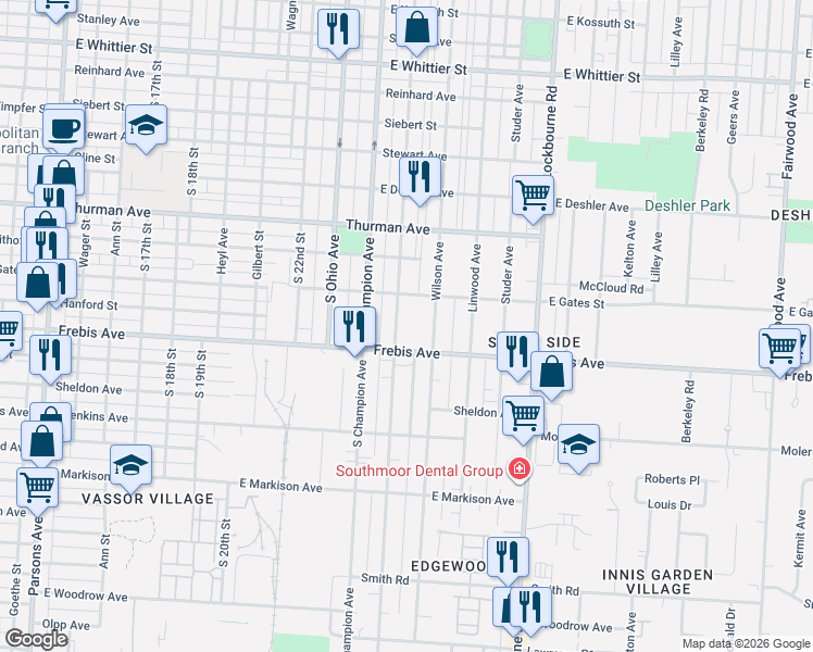 map of restaurants, bars, coffee shops, grocery stores, and more near 1418 Oakwood Avenue in Columbus