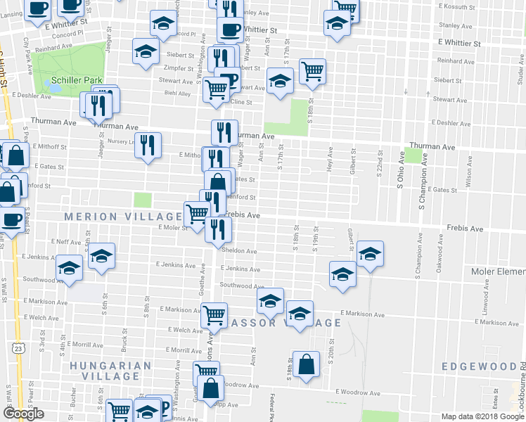 map of restaurants, bars, coffee shops, grocery stores, and more near 517 Hanford Street in Columbus
