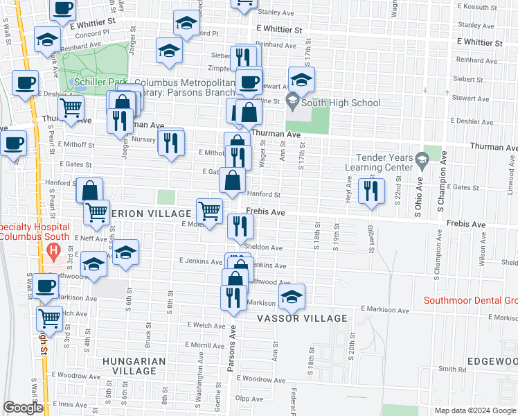 map of restaurants, bars, coffee shops, grocery stores, and more near 1344 Parsons Avenue in Columbus