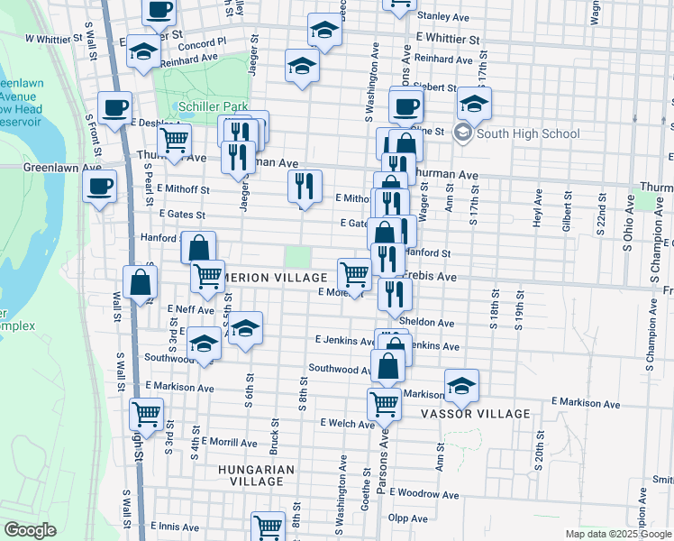 map of restaurants, bars, coffee shops, grocery stores, and more near 360 Frebis Avenue in Columbus