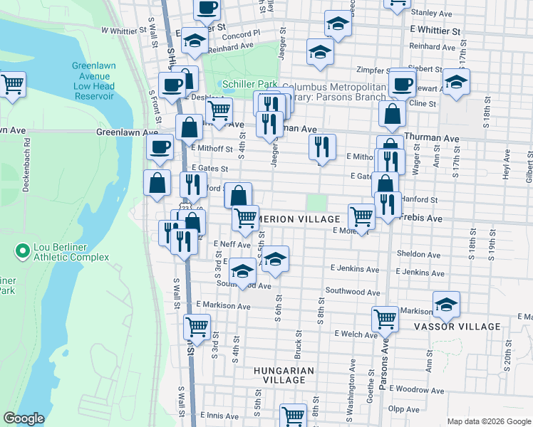 map of restaurants, bars, coffee shops, grocery stores, and more near 200 Frebis Avenue in Columbus