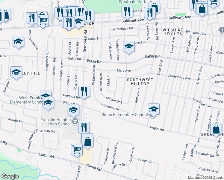map of restaurants, bars, coffee shops, grocery stores, and more near 885 Mark Place in Columbus