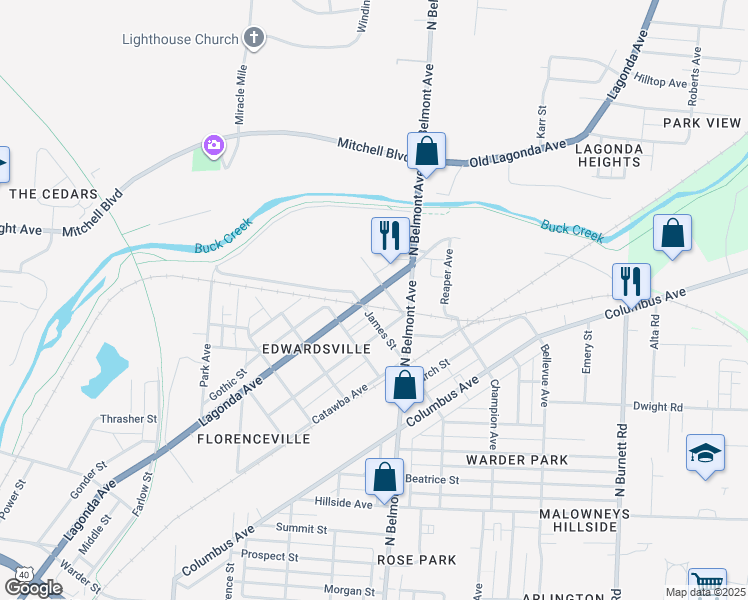map of restaurants, bars, coffee shops, grocery stores, and more near 1820 Lagonda Avenue in Springfield