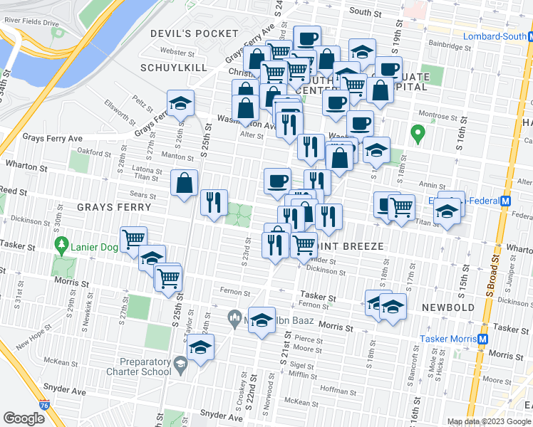 map of restaurants, bars, coffee shops, grocery stores, and more near 2229 Sears Street in Philadelphia