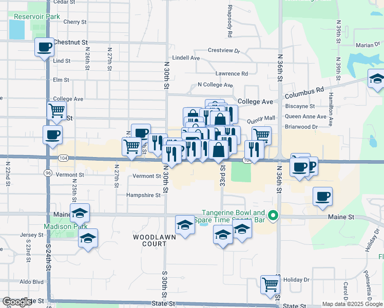 map of restaurants, bars, coffee shops, grocery stores, and more near 3119 Broadway Street in Quincy