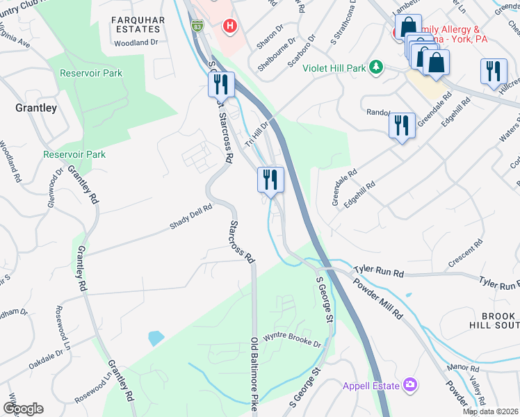 map of restaurants, bars, coffee shops, grocery stores, and more near 1500 South George Street in York