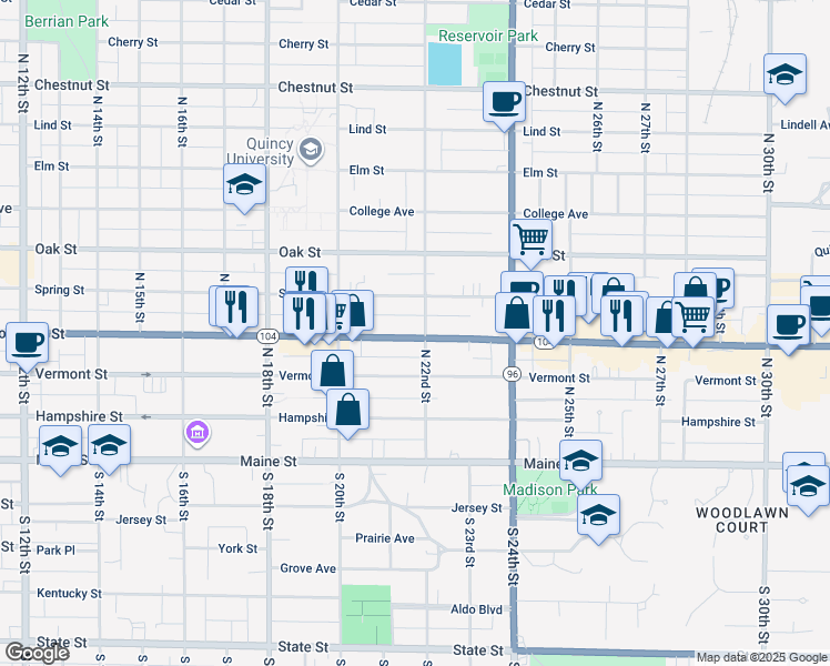 map of restaurants, bars, coffee shops, grocery stores, and more near 2079 Broadway Street in Quincy