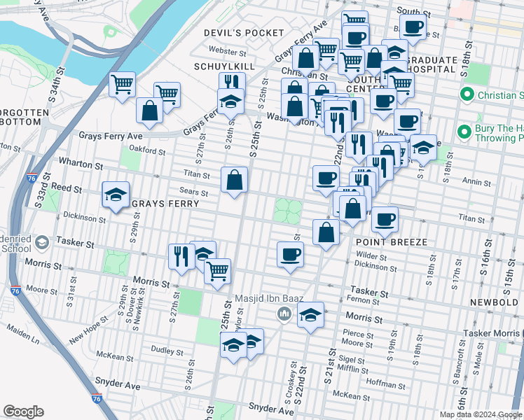 map of restaurants, bars, coffee shops, grocery stores, and more near 1332 South Ringgold Street in Philadelphia